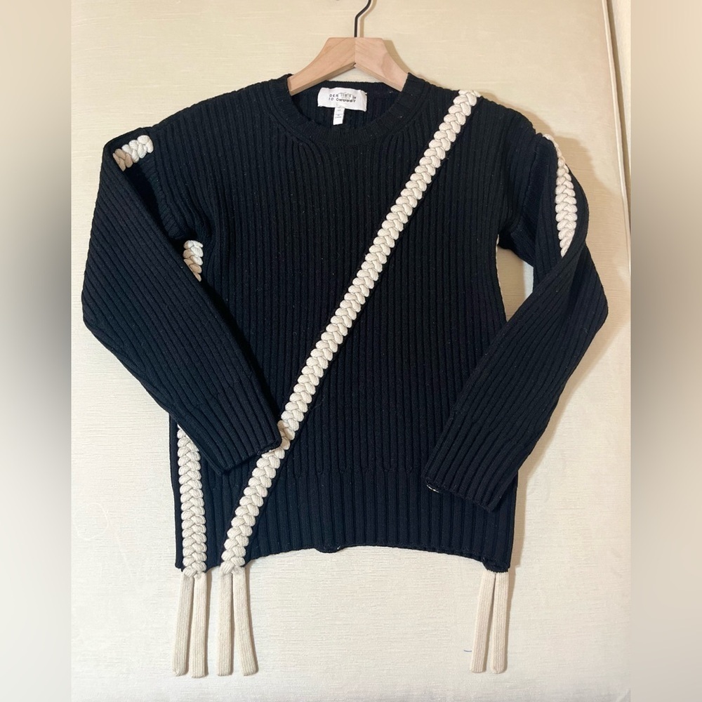 Derek Lam 100% Merino Wool Ribbed Knit Sweater with Braided Detail